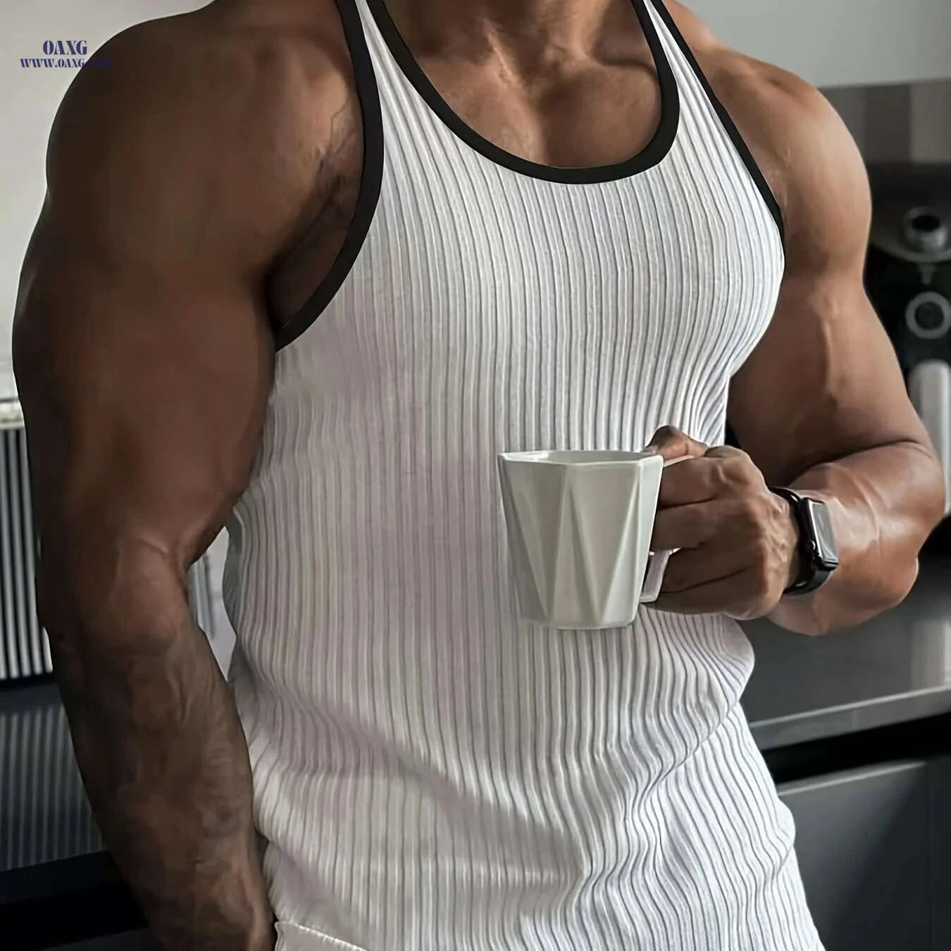 Men's White Tank Top - Black Stripes, Soft for Summer Sports   OAXG White / S