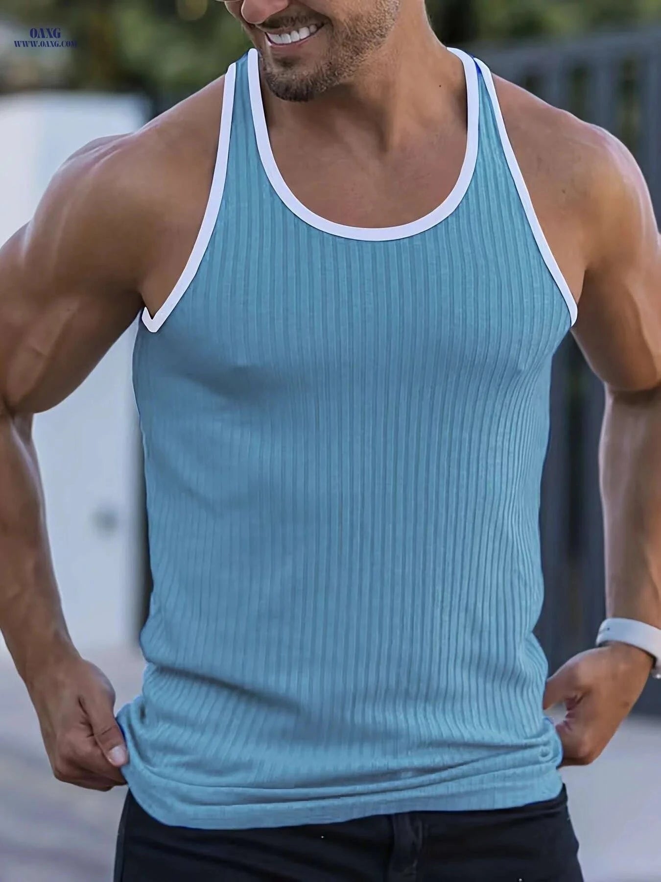 Men's White Tank Top - Black Stripes, Soft for Summer Sports   OAXG White / S