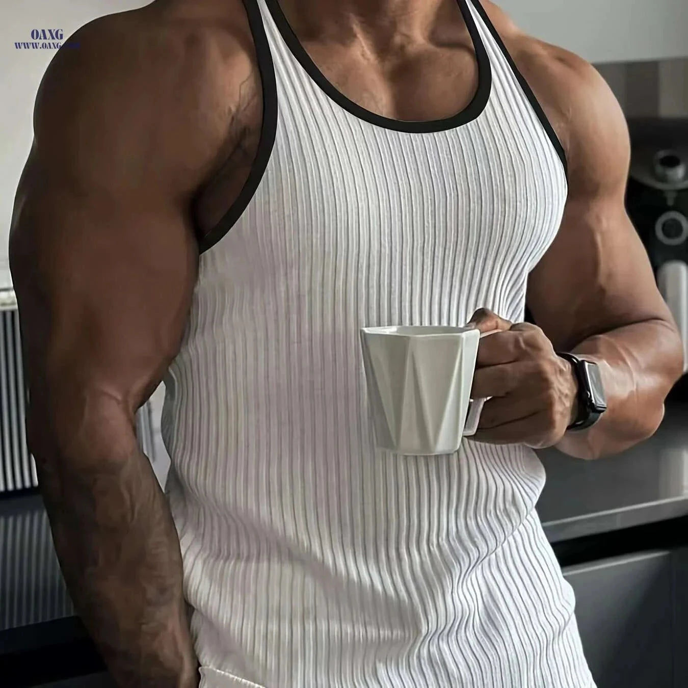 Men's White Tank Top - Black Stripes, Soft for Summer Sports   OAXG White / S