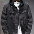 Men's Windproof Denim Jacket - Black-Grey Slim Fit with Detachable Hood   OAXG 
