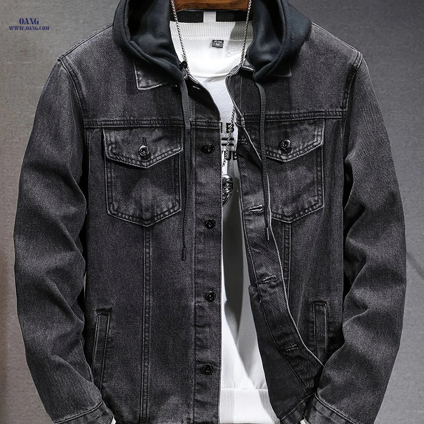Men's Windproof Denim Jacket - Black-Grey Slim Fit with Detachable Hood   OAXG 