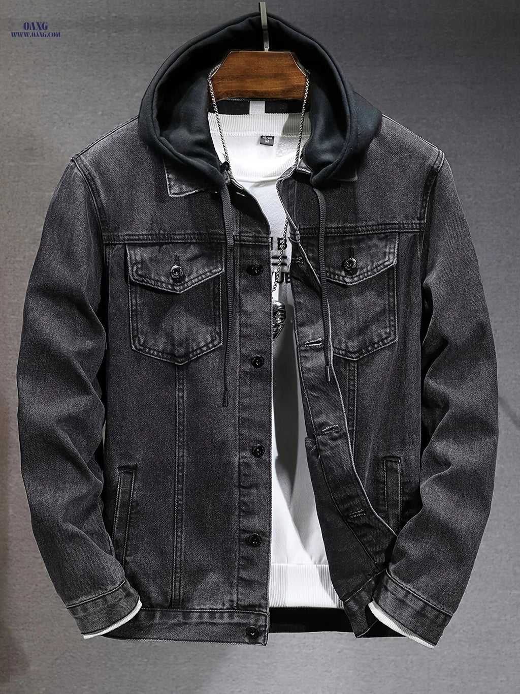Men's Windproof Denim Jacket - Black-Grey Slim Fit with Detachable Hood   OAXG 