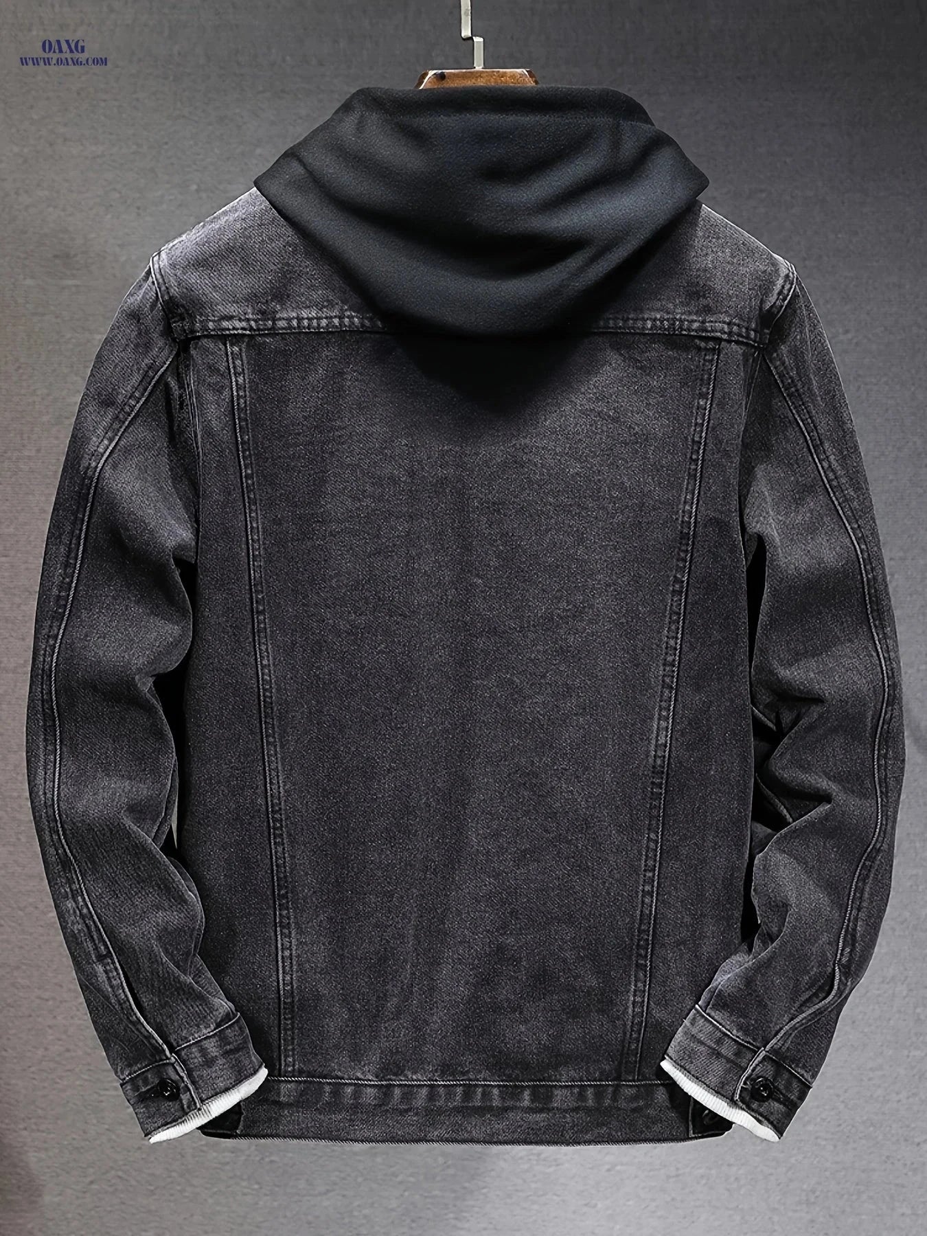 Men's Windproof Denim Jacket - Black-Grey Slim Fit with Detachable Hood   OAXG Deep Grey / FR S