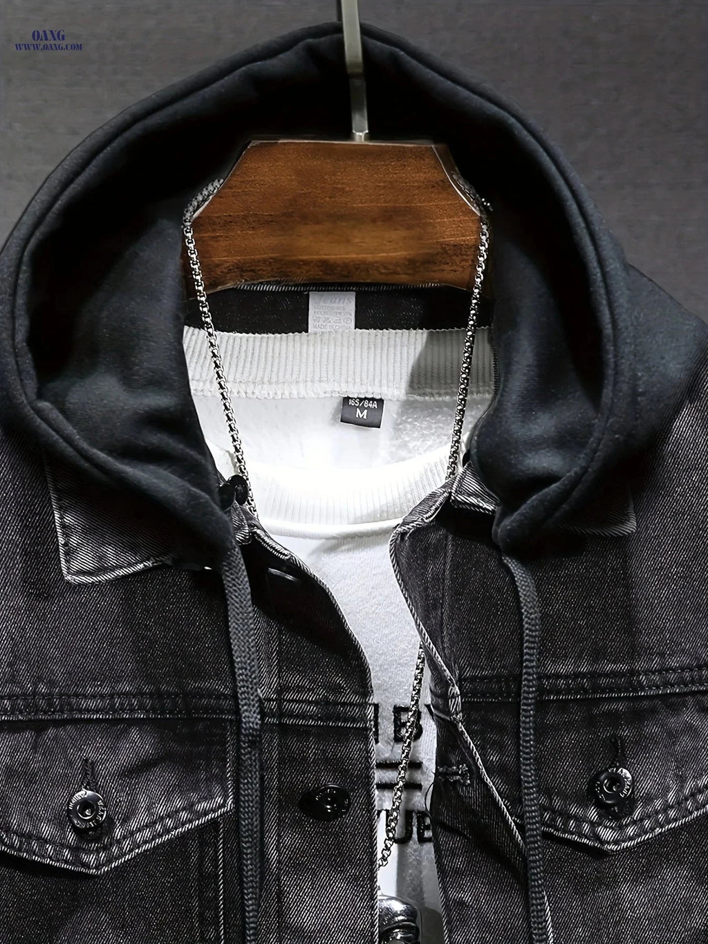 Men's Windproof Denim Jacket - Black-Grey Slim Fit with Detachable Hood   OAXG Deep Grey / FR S