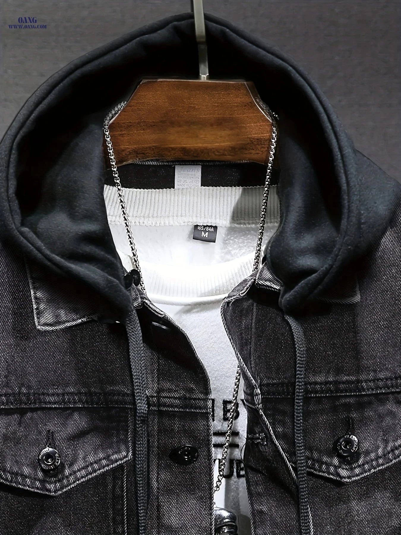 Men's Windproof Denim Jacket - Black-Grey Slim Fit with Detachable Hood   OAXG Deep Grey / FR S