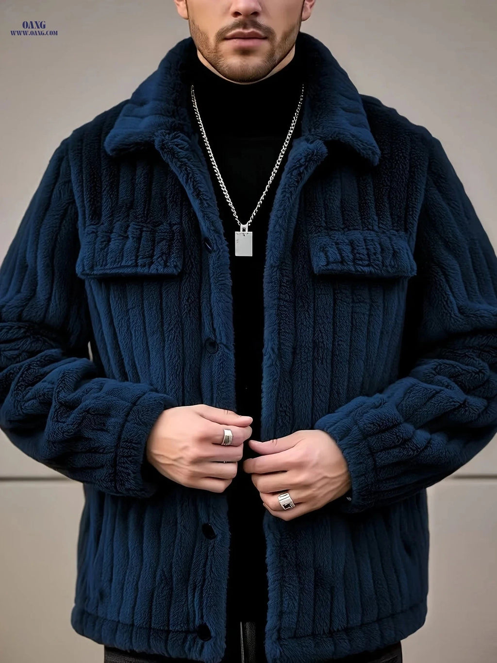 Men's Winter Flannel Jacket - Striped Design for Casual Wear   OAXG 