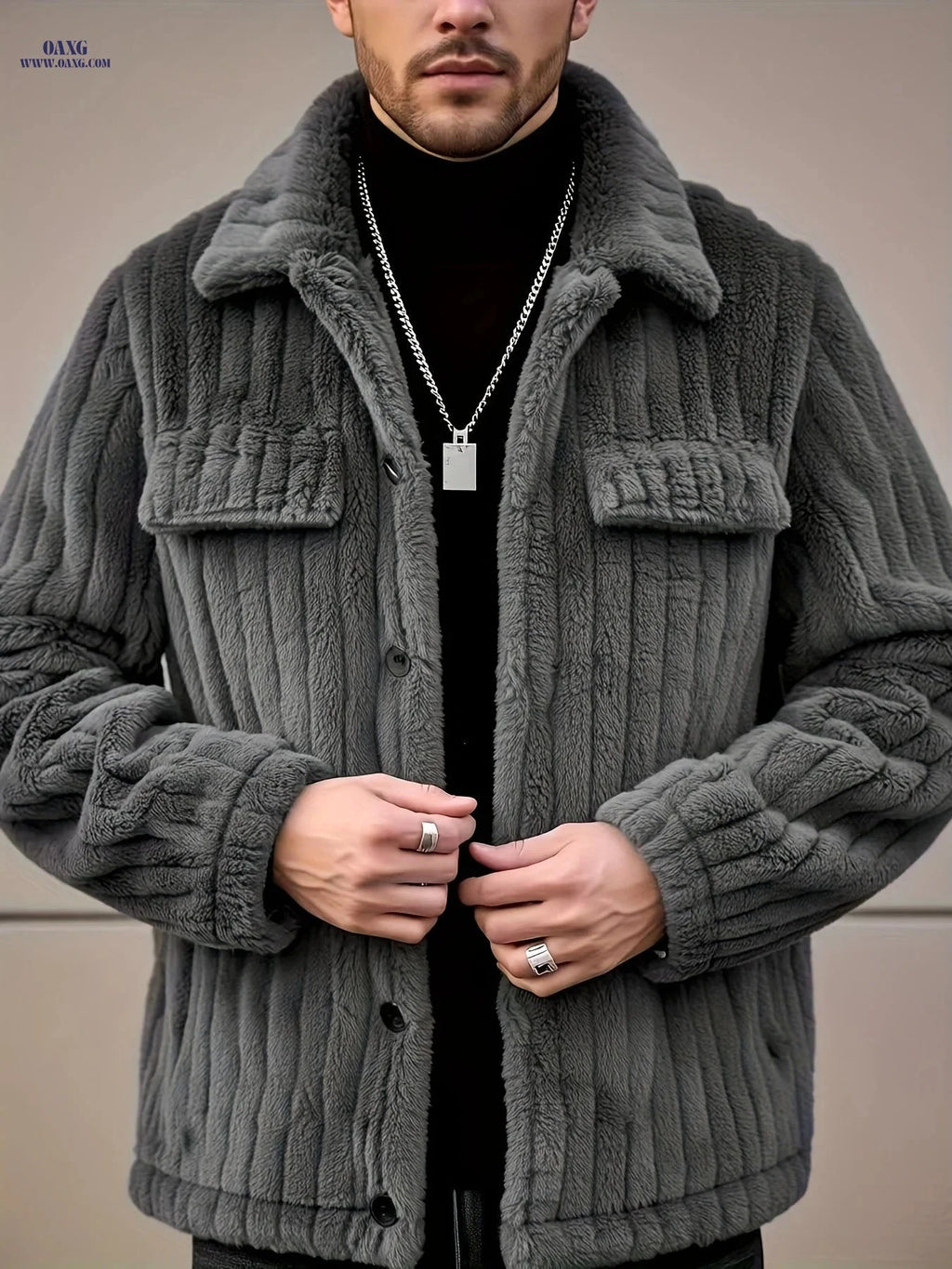 Men's Winter Flannel Jacket - Striped Design for Casual Wear   OAXG 