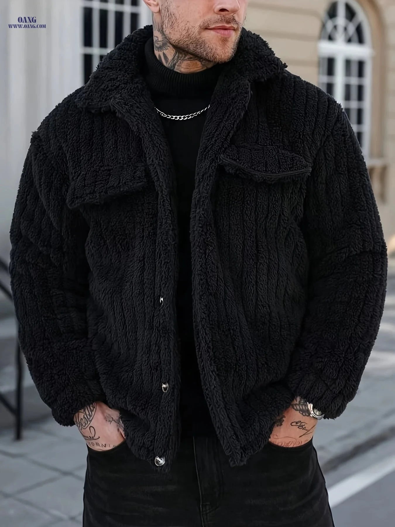 Men's Winter Flannel Jacket - Striped Design for Casual Wear   OAXG Black / FR S