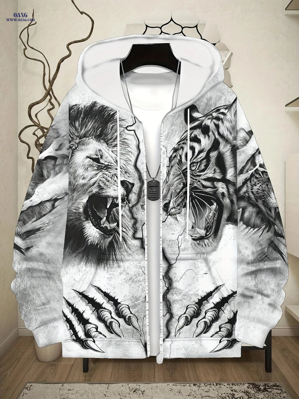 Men's Winter Hoodie - Cozy Zip-Up Jacket with Tiger Print Design   OAXG 