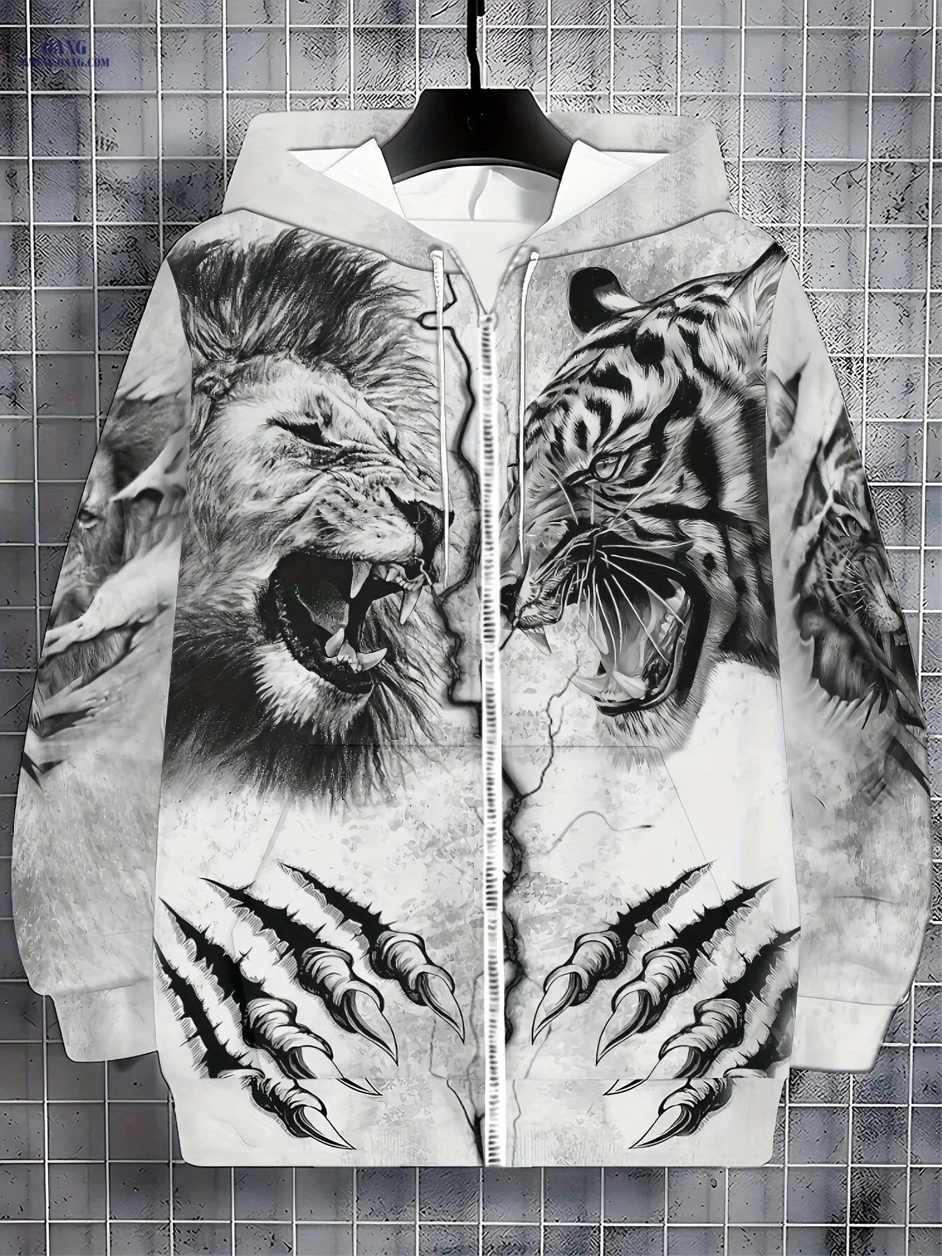 Men's Winter Hoodie - Cozy Zip-Up Jacket with Tiger Print Design   OAXG 【Multicolor】 / FR M