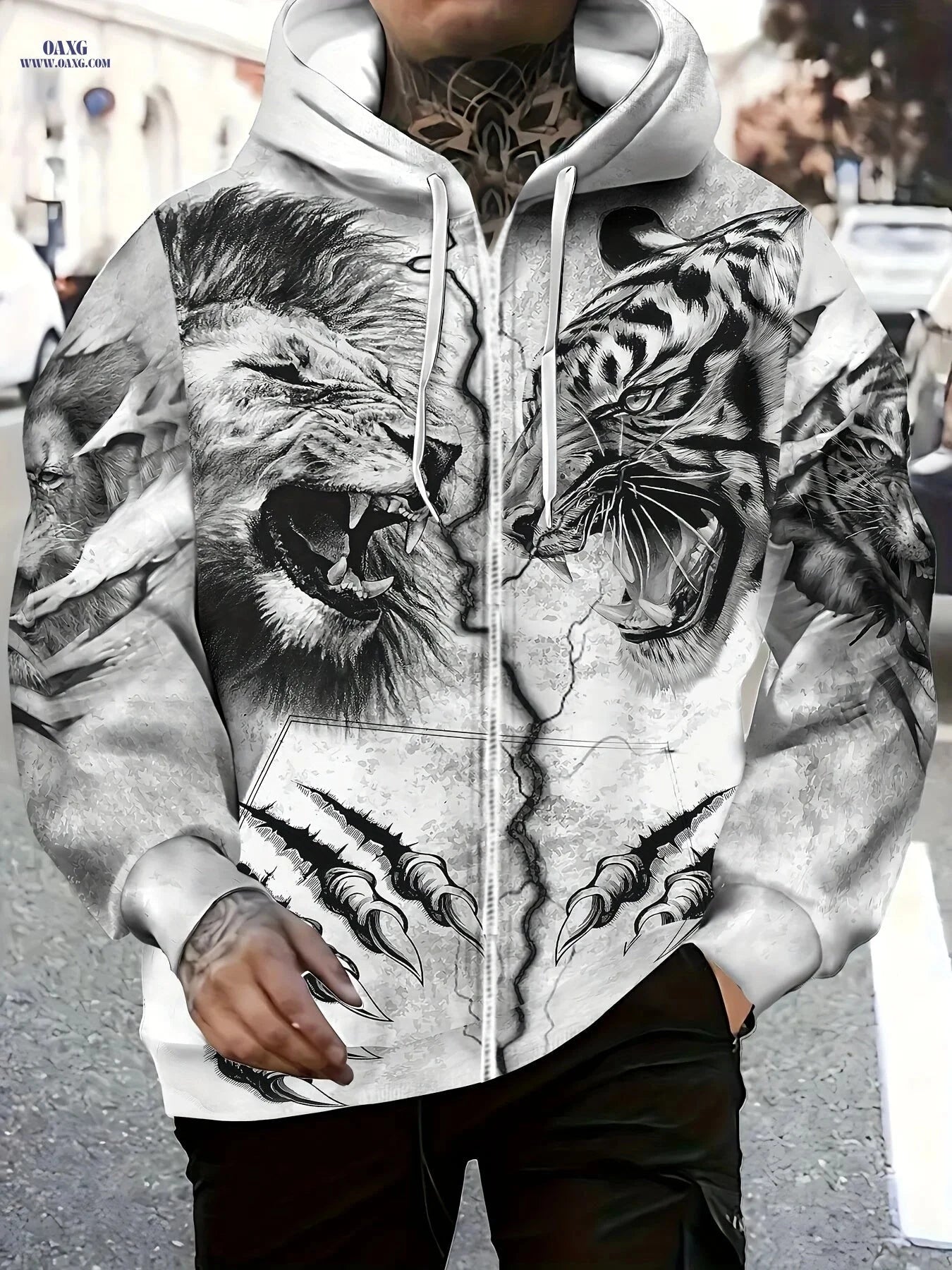 Men's Winter Hoodie - Cozy Zip-Up Jacket with Tiger Print Design   OAXG 【Multicolor】 / FR M
