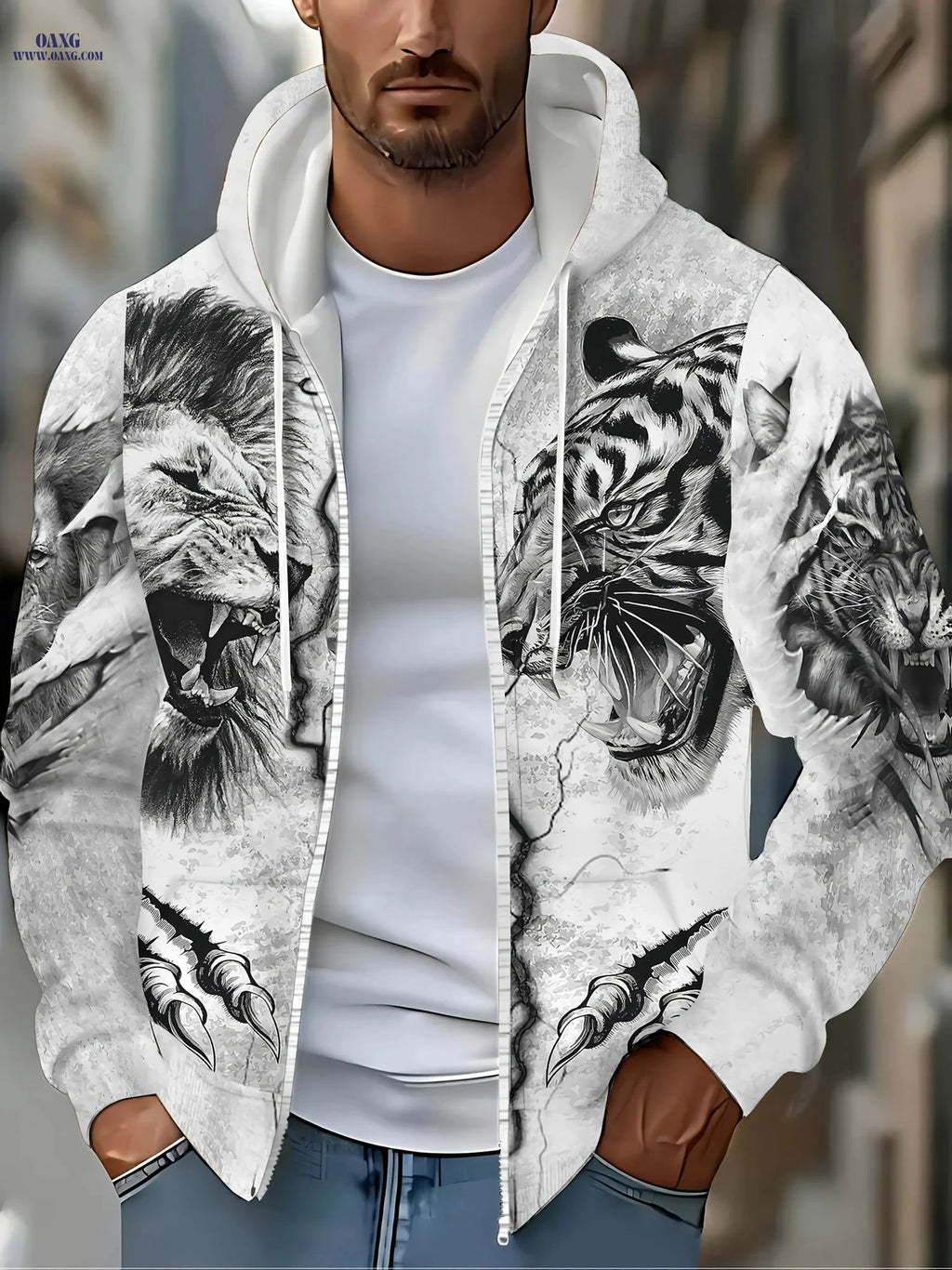 Men's Winter Hoodie - Cozy Zip-Up Jacket with Tiger Print Design   OAXG 【Multicolor】 / FR M
