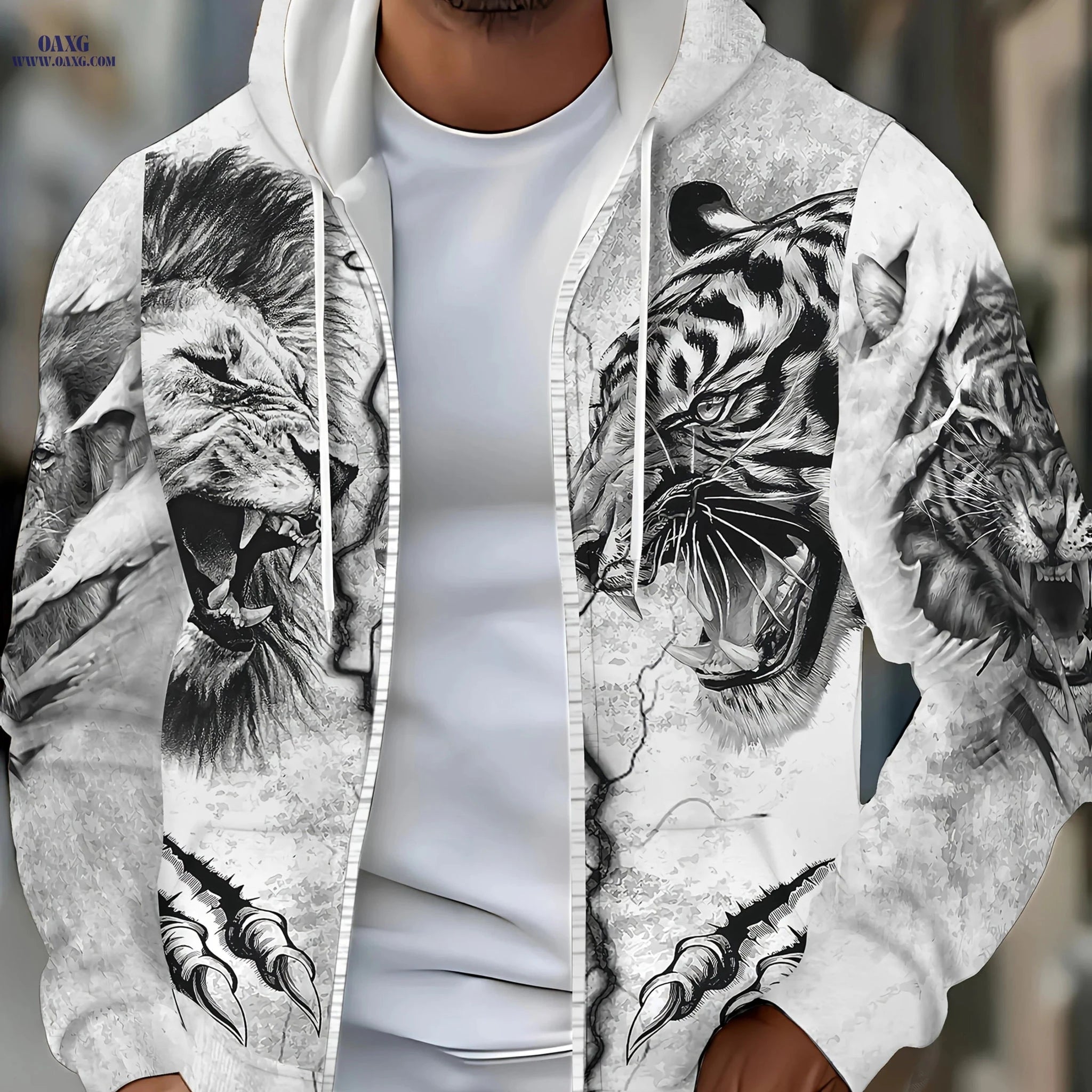 Men's Winter Hoodie - Cozy Zip-Up Jacket with Tiger Print Design   OAXG 【Multicolor】 / FR M
