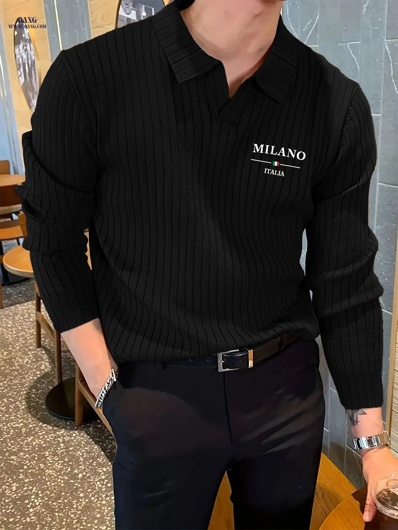 Men's Winter Knit Shirt - Warm Long Sleeve V-Neck Top, Casual Style   OAXG 