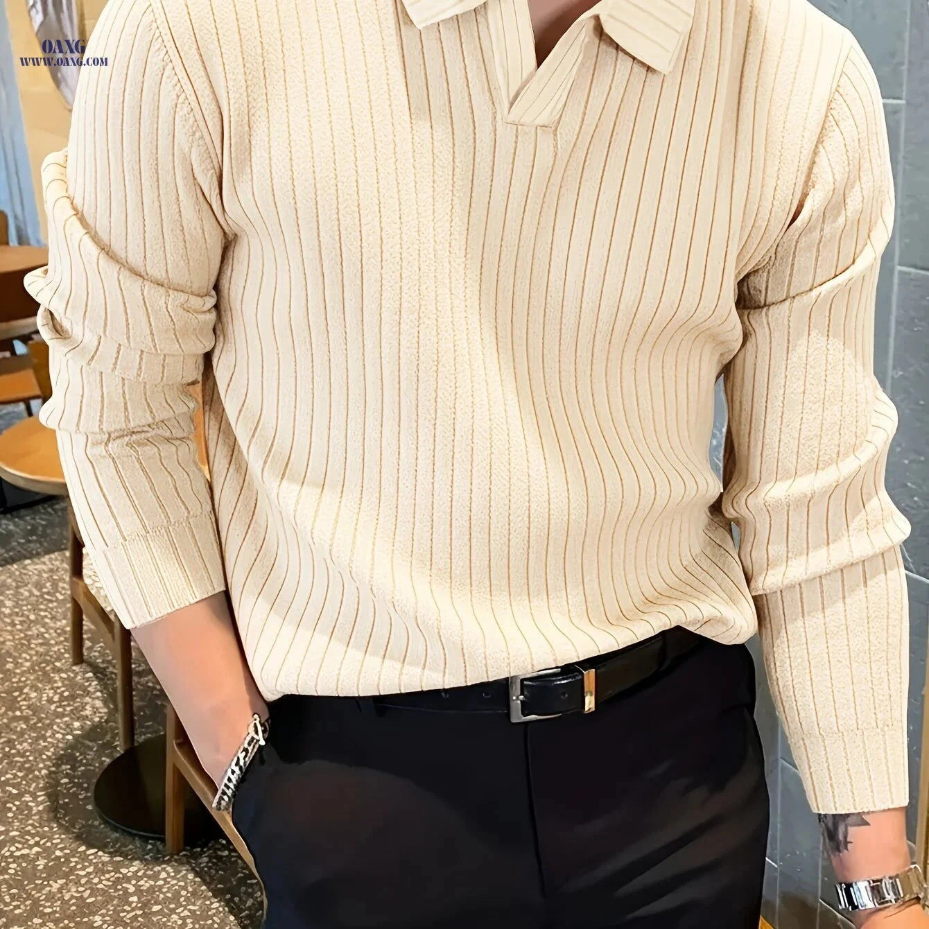 Men's Winter Knit Shirt - Warm Long Sleeve V-Neck Top, Casual Style   OAXG 