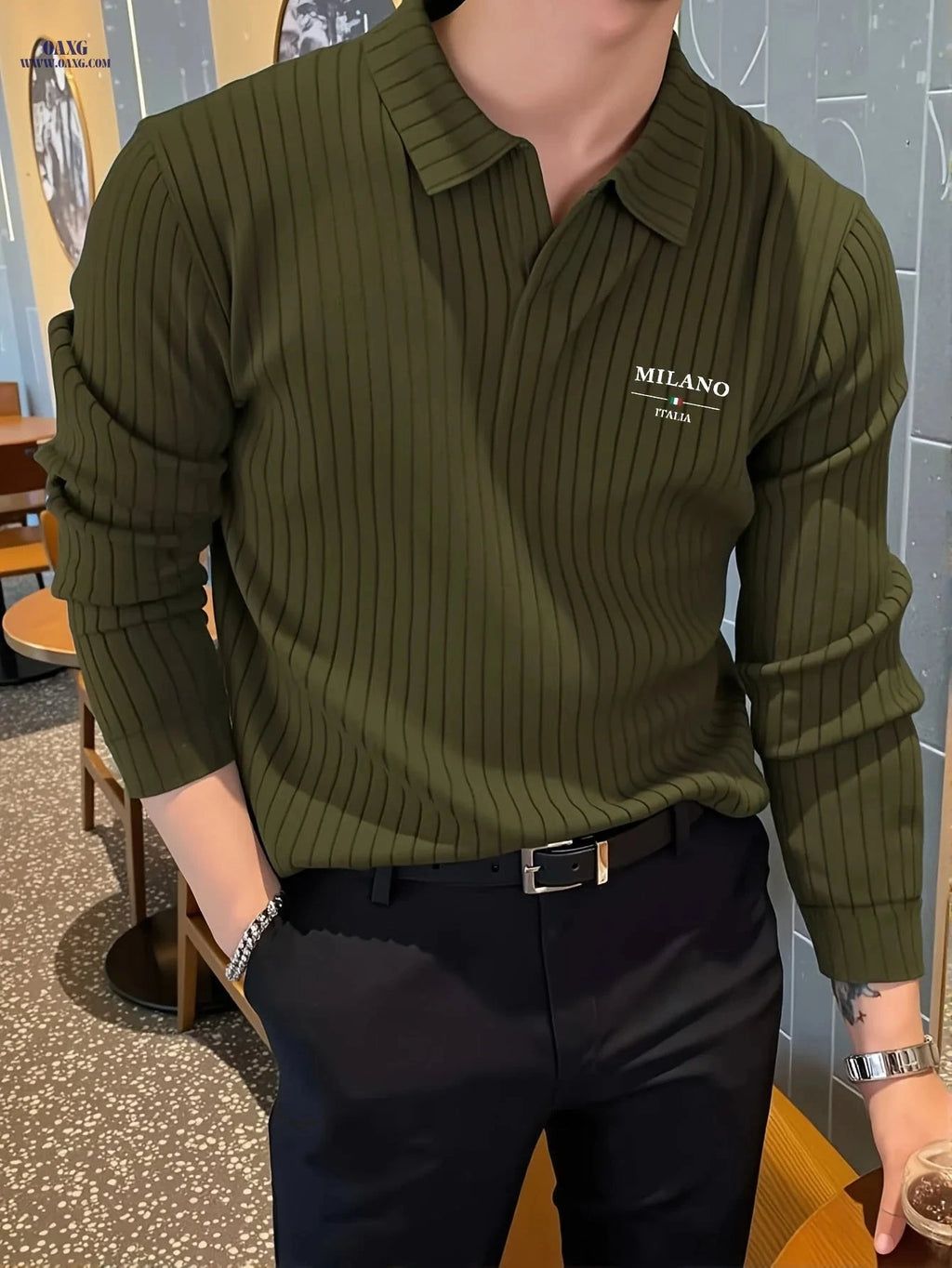 Men's Winter Knit Shirt - Warm Long Sleeve V-Neck Top, Casual Style   OAXG 