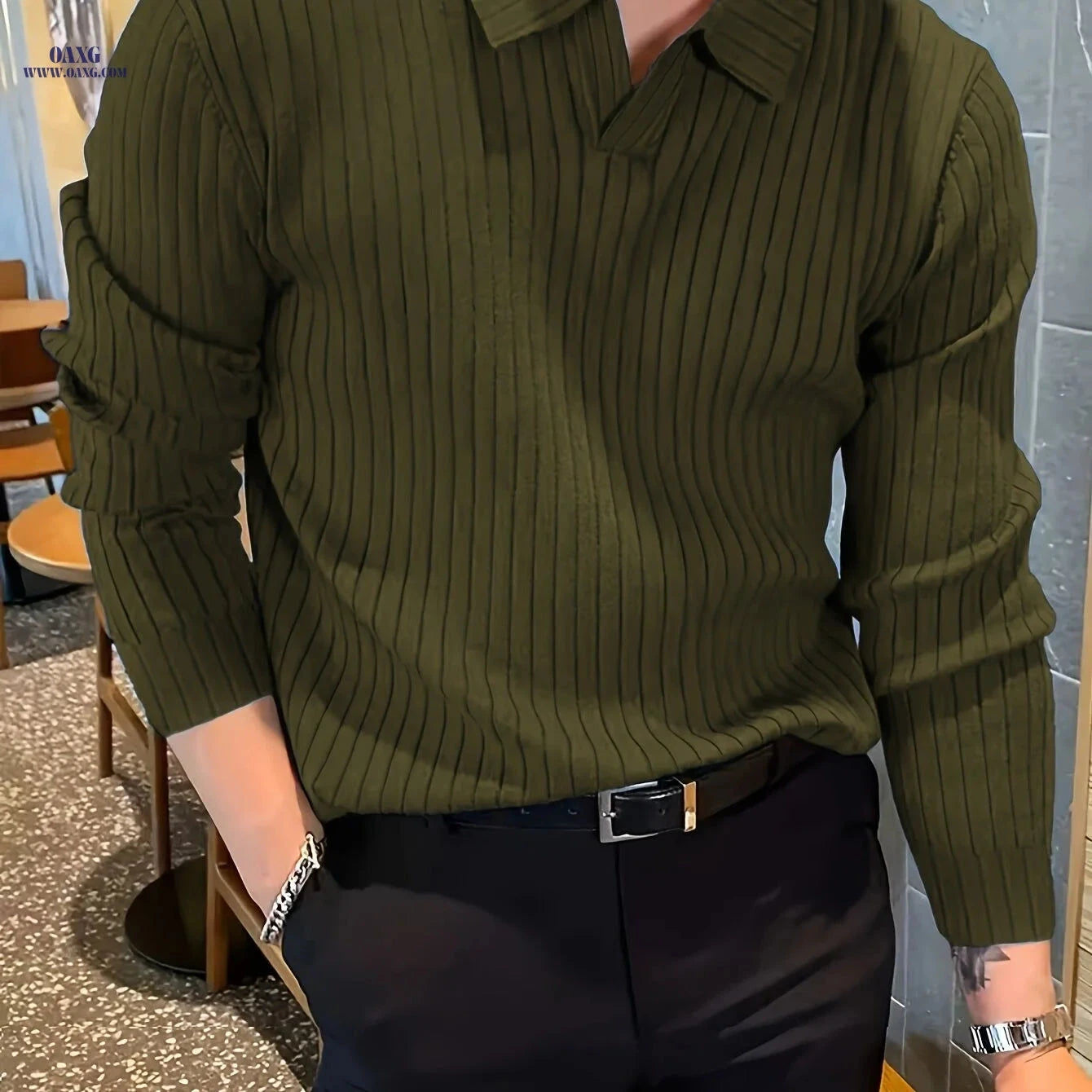 Men's Winter Knit Shirt - Warm Long Sleeve V-Neck Top, Casual Style   OAXG 