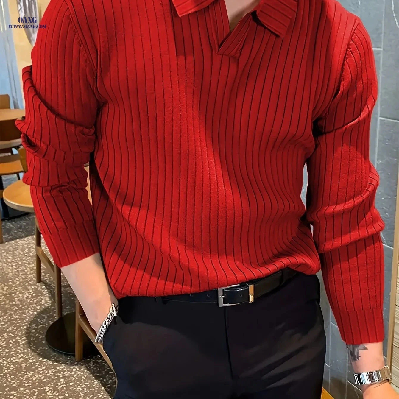 Men's Winter Knit Shirt - Warm Long Sleeve V-Neck Top, Casual Style   OAXG 