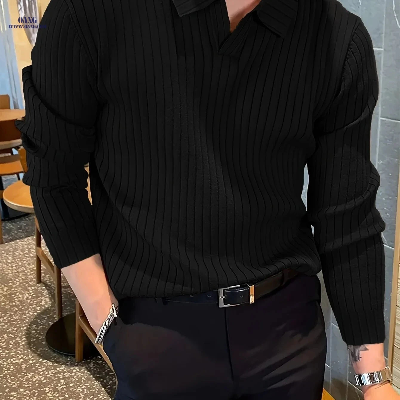 Men's Winter Knit Shirt - Warm Long Sleeve V-Neck Top, Casual Style   OAXG 