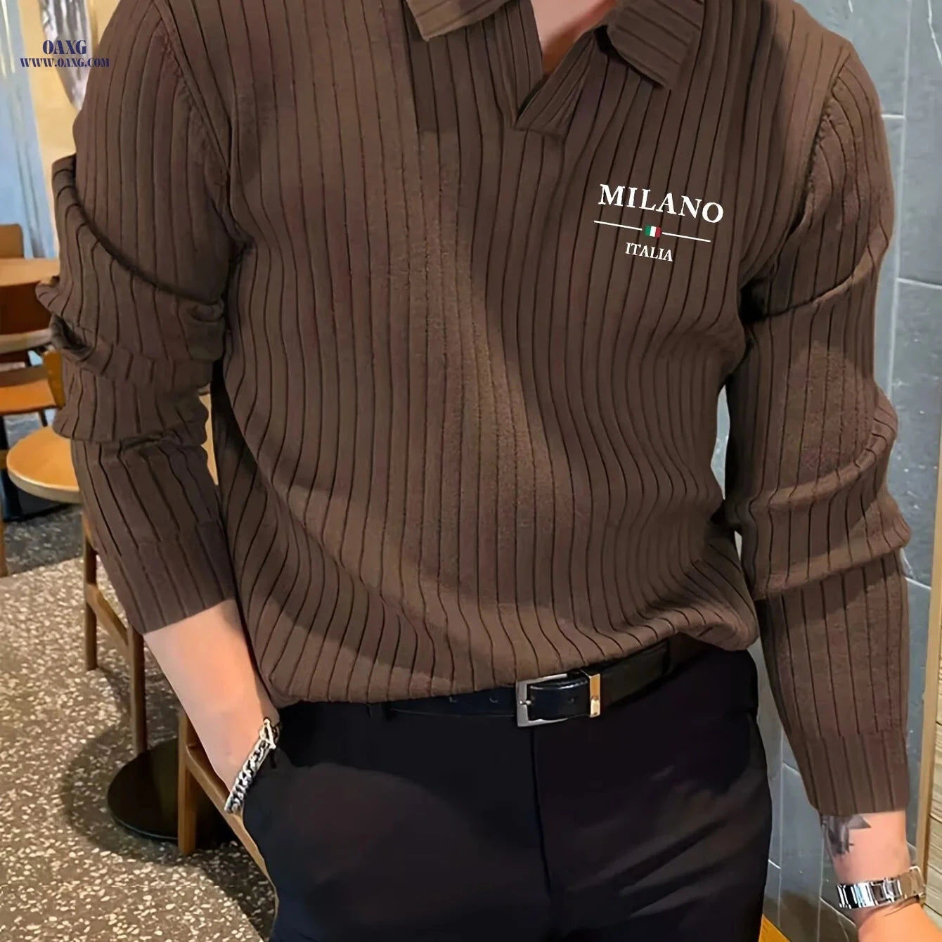 Men's Winter Knit Shirt - Warm Long Sleeve V-Neck Top, Casual Style   OAXG 