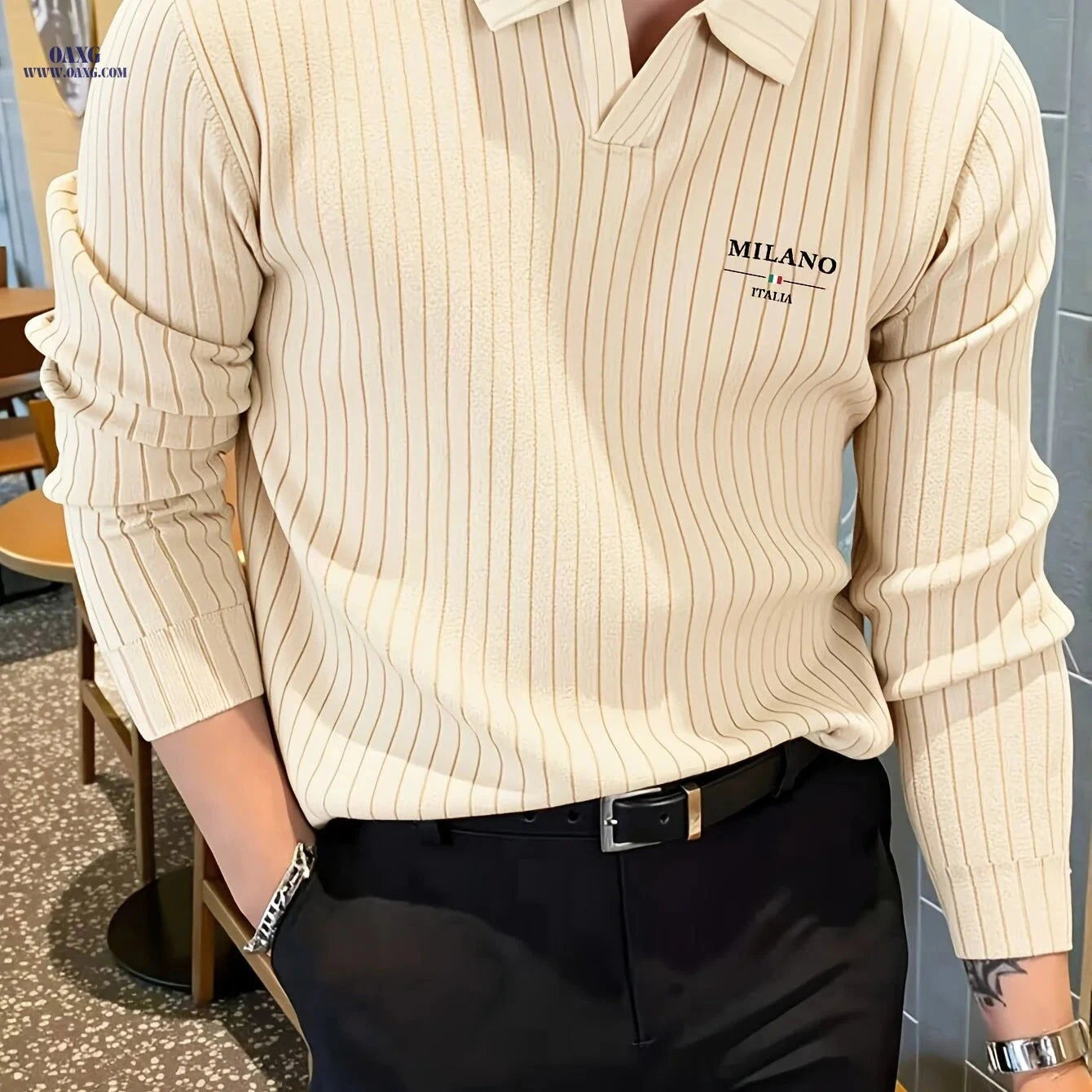 Men's Winter Knit Shirt - Warm Long Sleeve V-Neck Top, Casual Style   OAXG 