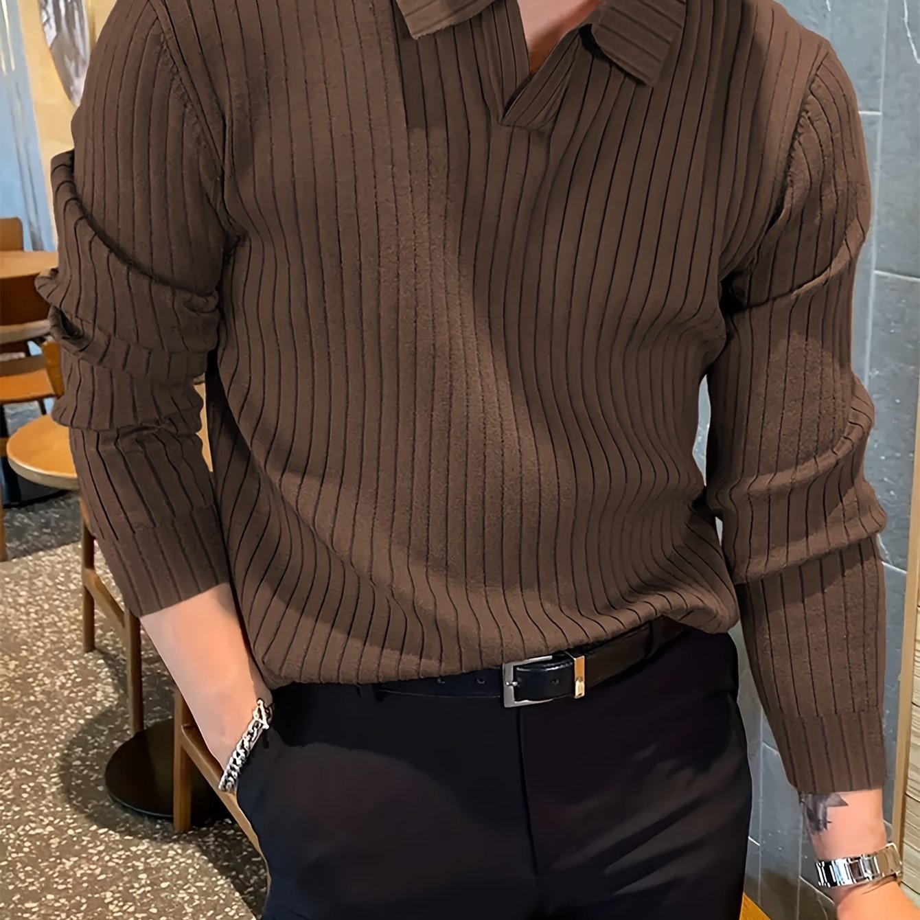 Men's Winter Knit Shirt - Warm Long Sleeve V-Neck Top, Casual Style   OAXG 