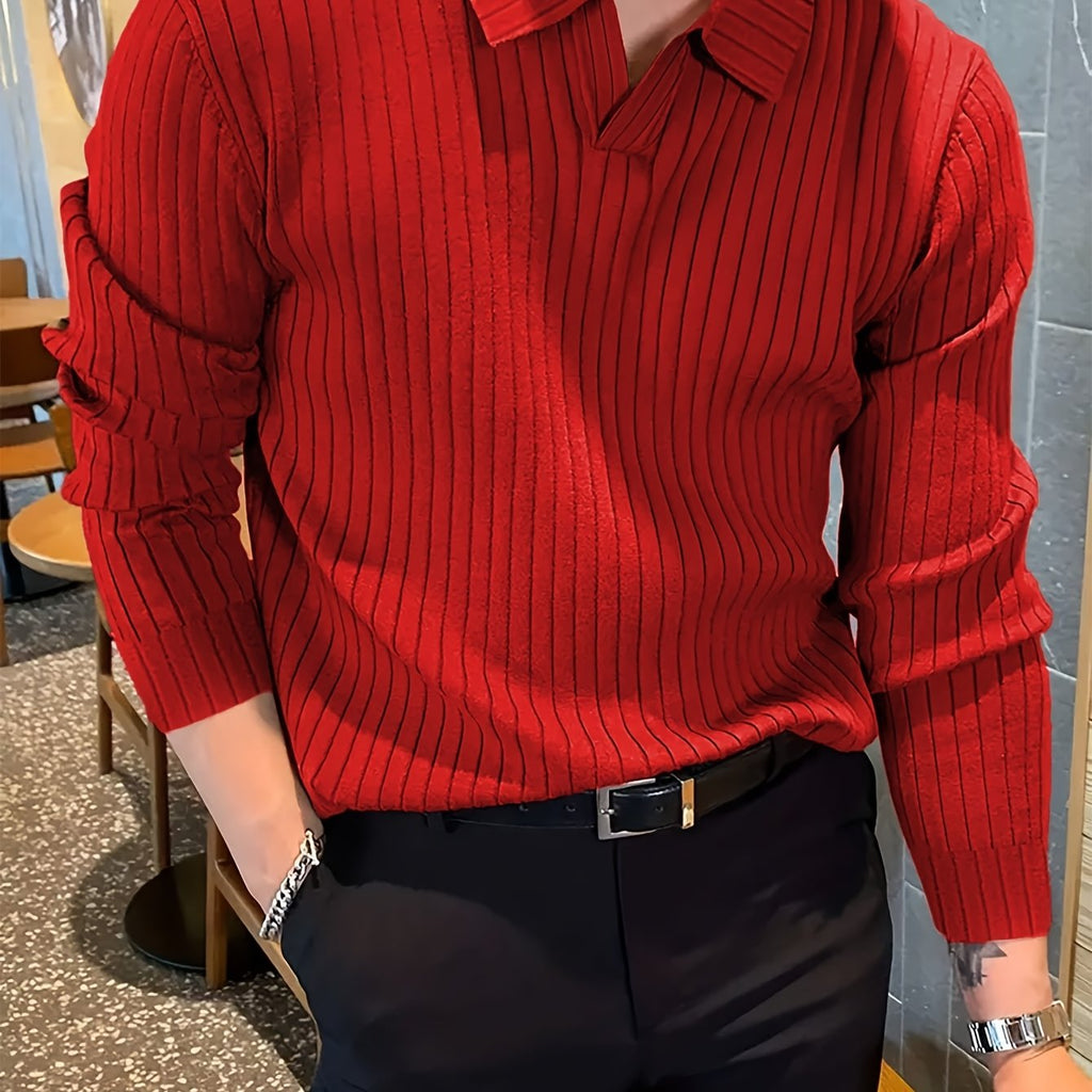 Men's Winter Knit Shirt - Warm Long Sleeve V-Neck Top, Casual Style   OAXG 