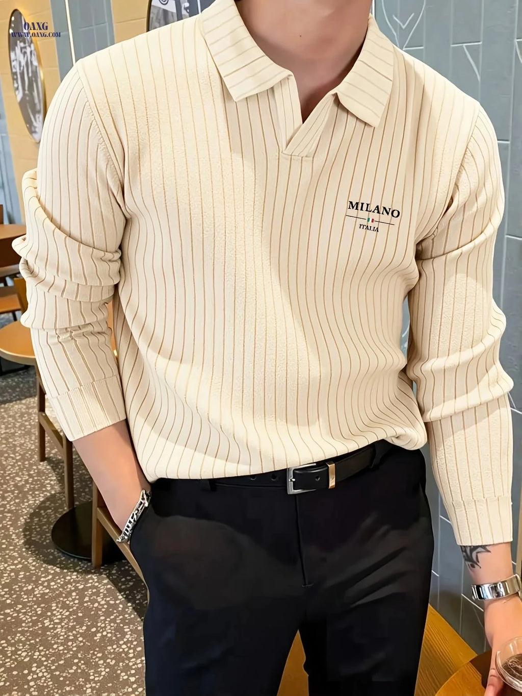 Men's Winter Knit Shirt - Warm Long Sleeve V-Neck Top, Casual Style   OAXG 