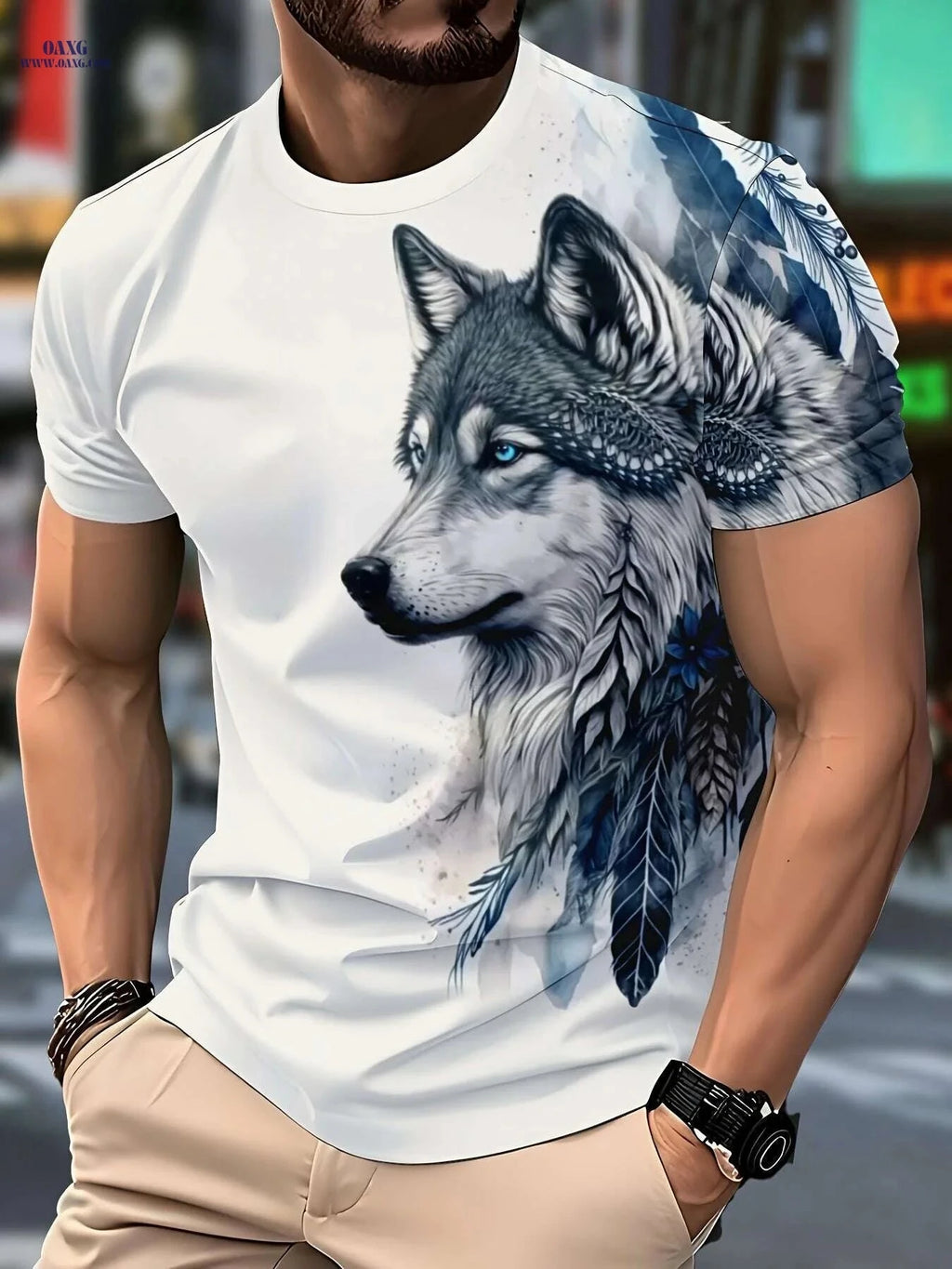 Men's Wolf & Feathers Graphic T-Shirt - Casual Polyester Round Neck Tee   OAXG 