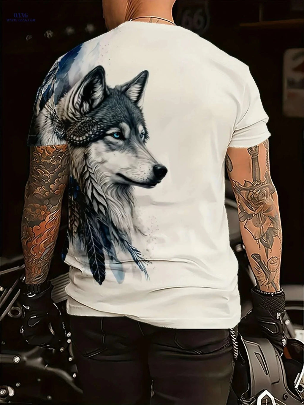 Men's Wolf & Feathers Graphic T-Shirt - Casual Polyester Round Neck Tee   OAXG White / S