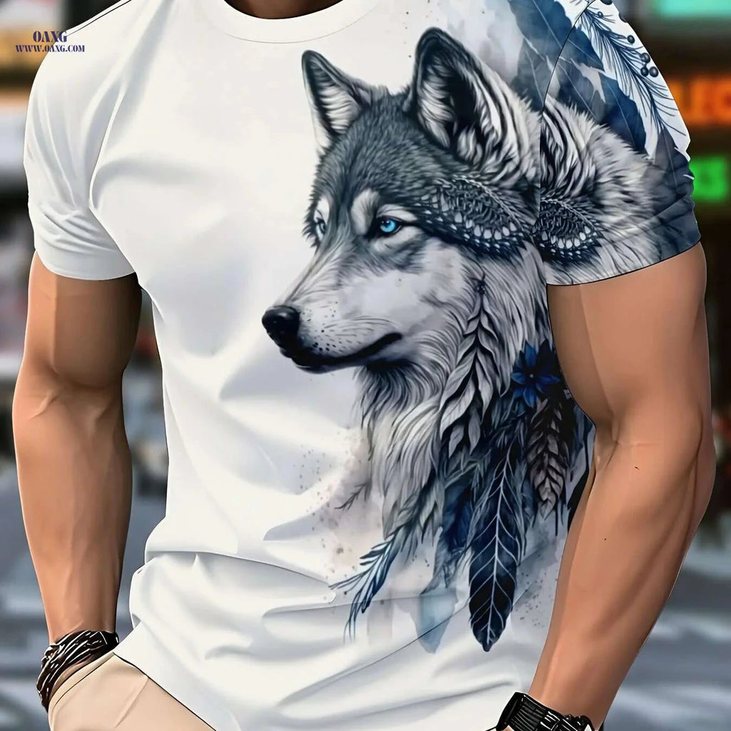 Men's Wolf & Feathers Graphic T-Shirt - Casual Polyester Round Neck Tee   OAXG White / S