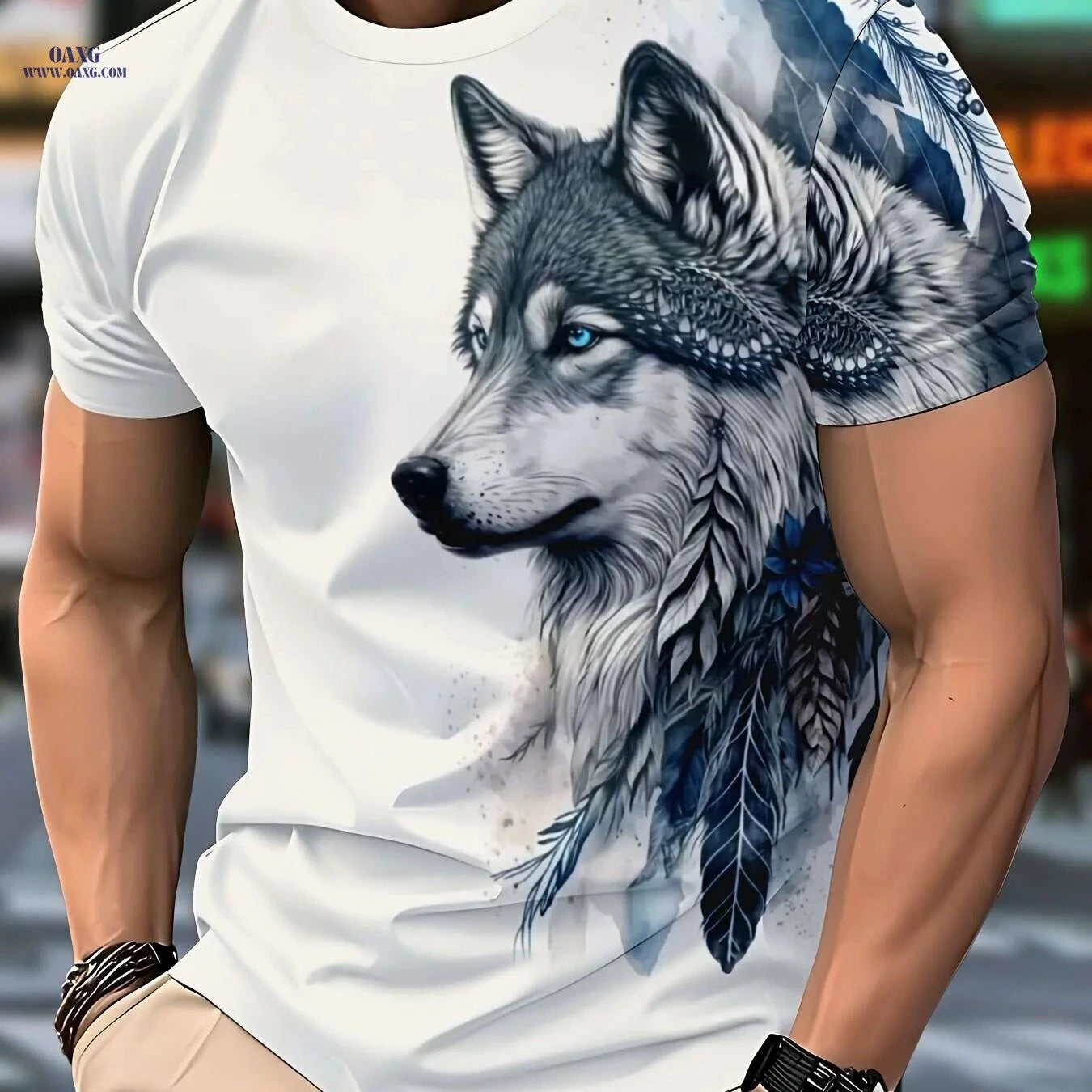 Men's Wolf & Feathers Graphic T-Shirt - Casual Polyester Round Neck Tee   OAXG White / S
