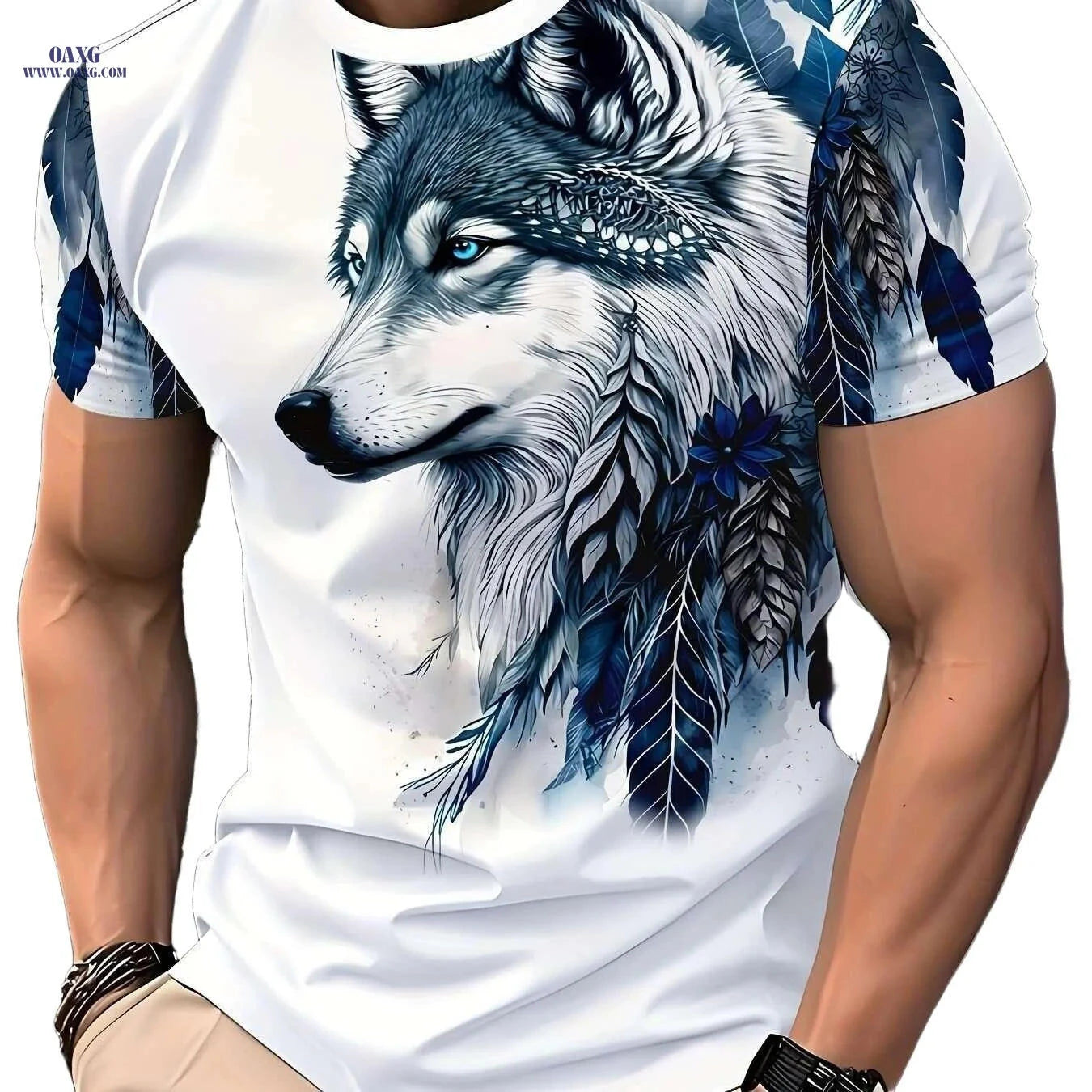 Men's Wolf Graphic Tee - Casual Breathable White T-Shirt, Machine Washable   OAXG Mixed Color / S