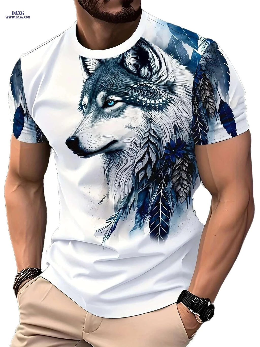 Men's Wolf Graphic Tee - Casual Breathable White T-Shirt, Machine Washable   OAXG Mixed Color / S