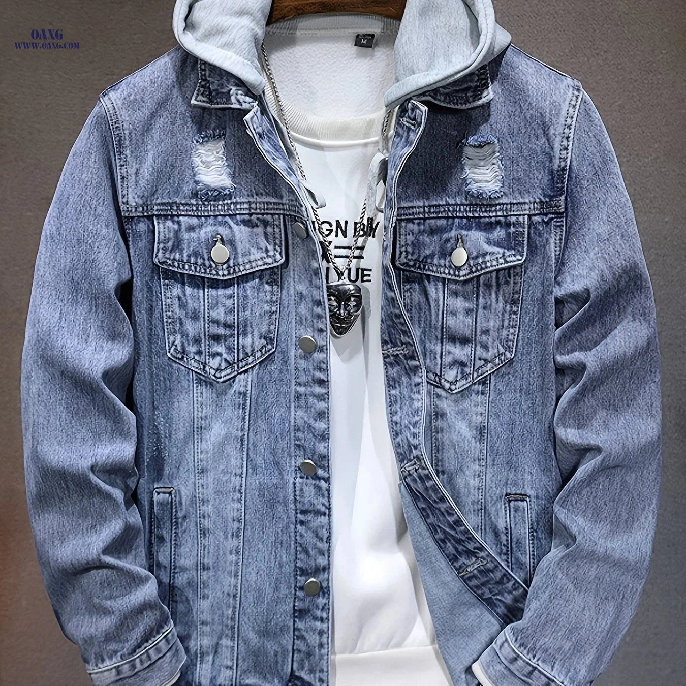 Men's Worn Blue Denim Hooded Jacket - Wind-Resistant Casual Wear   OAXG 