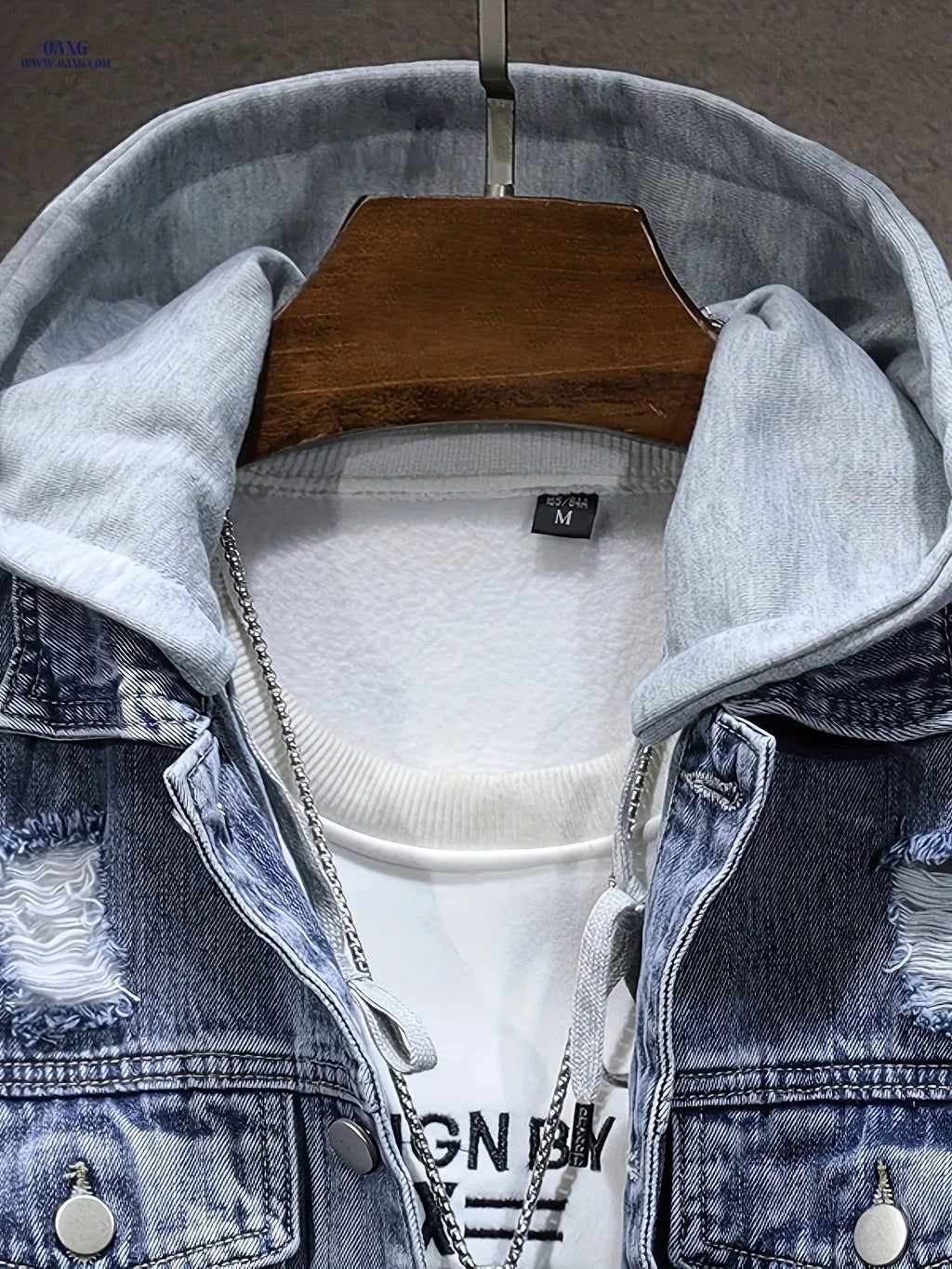 Men's Worn Blue Denim Hooded Jacket - Wind-Resistant Casual Wear   OAXG 