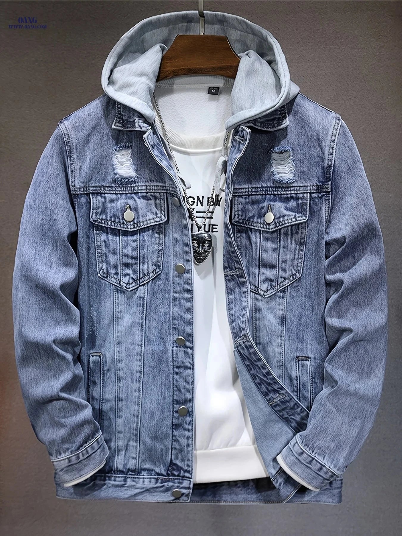Men's Worn Blue Denim Hooded Jacket - Wind-Resistant Casual Wear   OAXG Blue / FR S