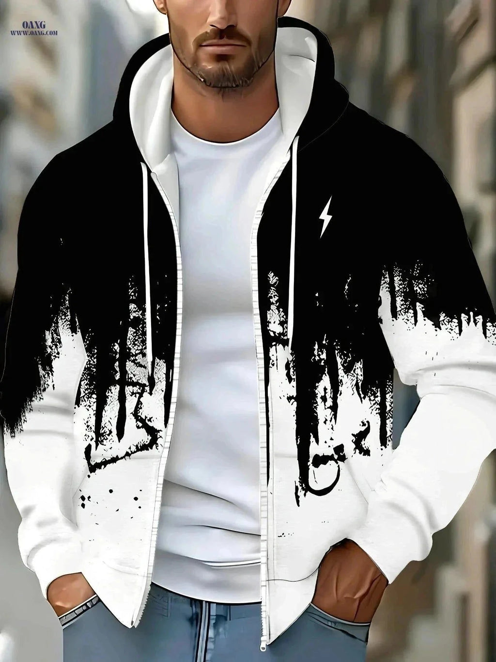 Men's Zip-Up Hooded Sweatshirt - Casual Lightning Pattern Jacket   OAXG Malachite Green / FR M