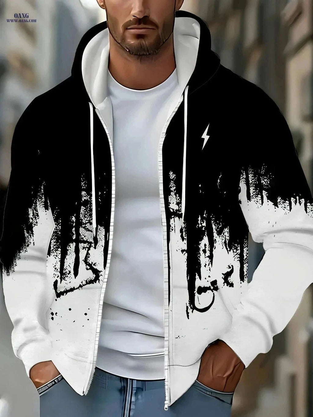 Men's Zip-Up Hooded Sweatshirt - Casual Lightning Pattern Jacket   OAXG Malachite Green / FR M