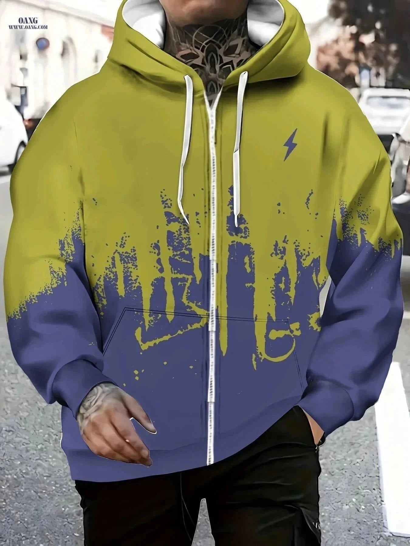 Men's Zip-Up Hooded Sweatshirt - Casual Lightning Pattern Jacket   OAXG Malachite Green / FR M