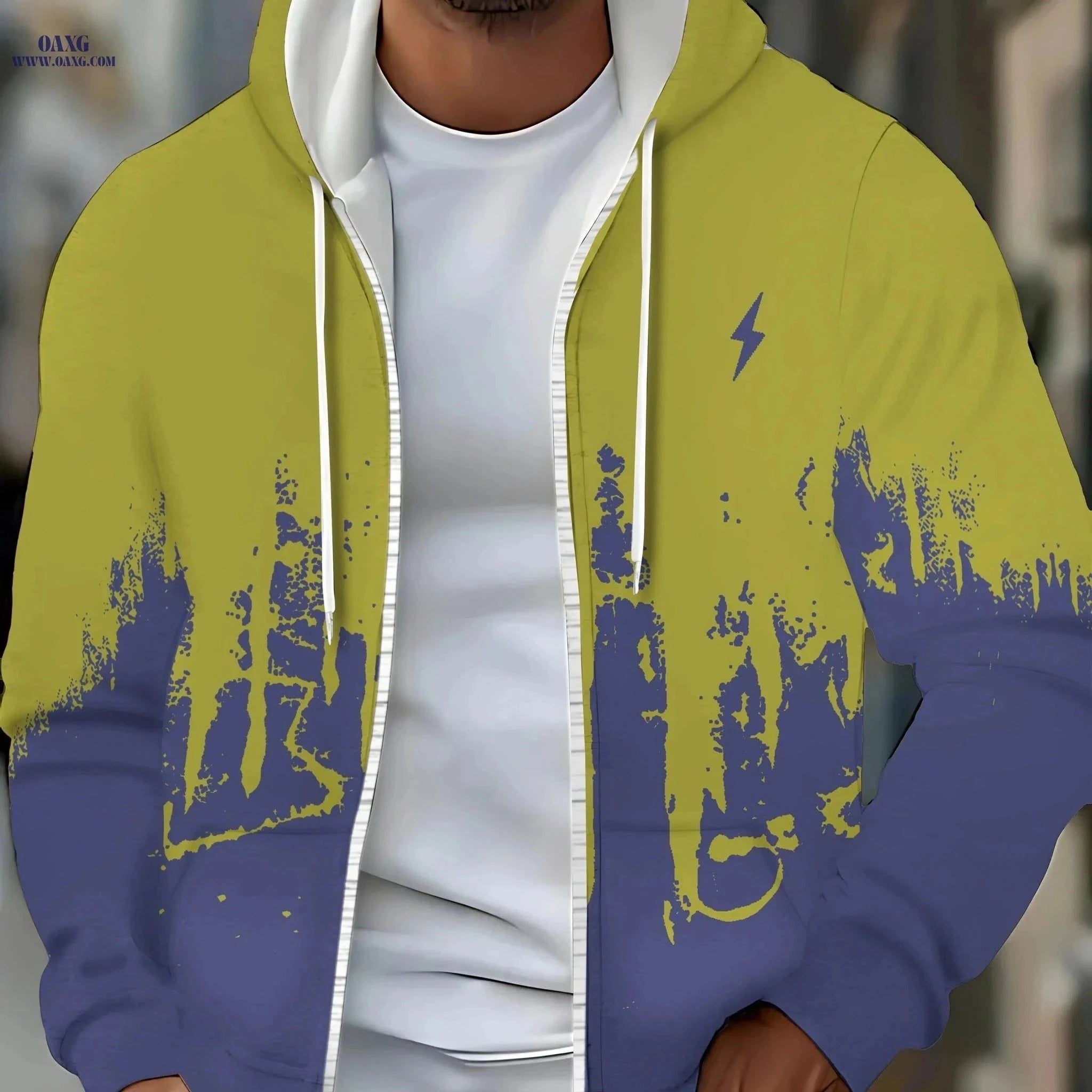 Men's Zip-Up Hooded Sweatshirt - Casual Lightning Pattern Jacket   OAXG Malachite Green / FR M