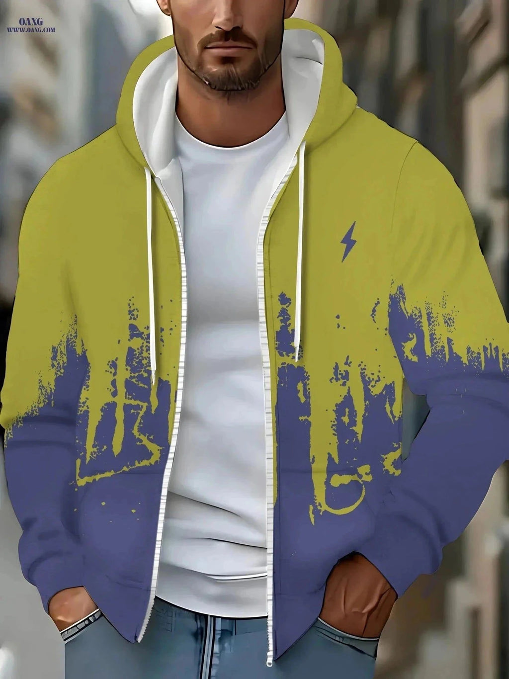 Men's Zip-Up Hooded Sweatshirt - Casual Lightning Pattern Jacket   OAXG Malachite Green / FR M