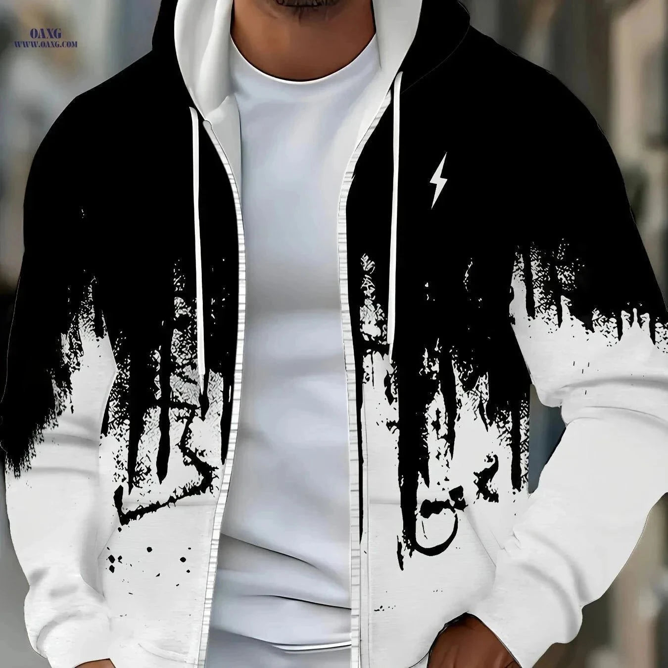 Men's Zip-Up Hooded Sweatshirt - Casual Lightning Pattern Jacket   OAXG Malachite Green / FR M