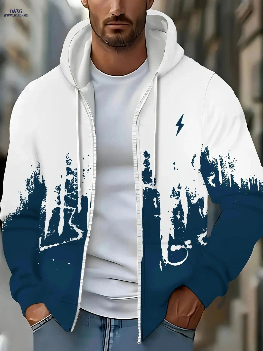 Men's Zip-Up Hooded Sweatshirt - Casual Lightning Pattern Jacket   OAXG Malachite Green / FR M