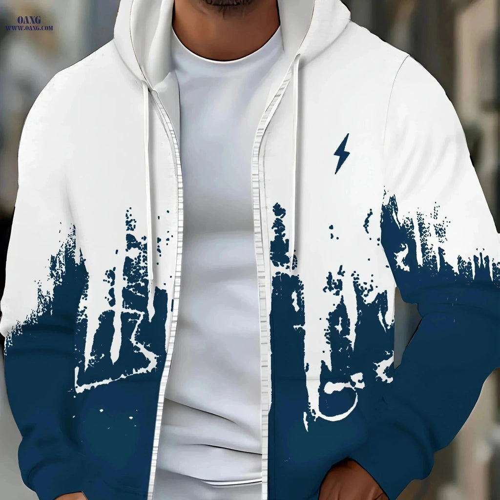 Men's Zip-Up Hooded Sweatshirt - Casual Lightning Pattern Jacket   OAXG Malachite Green / FR M