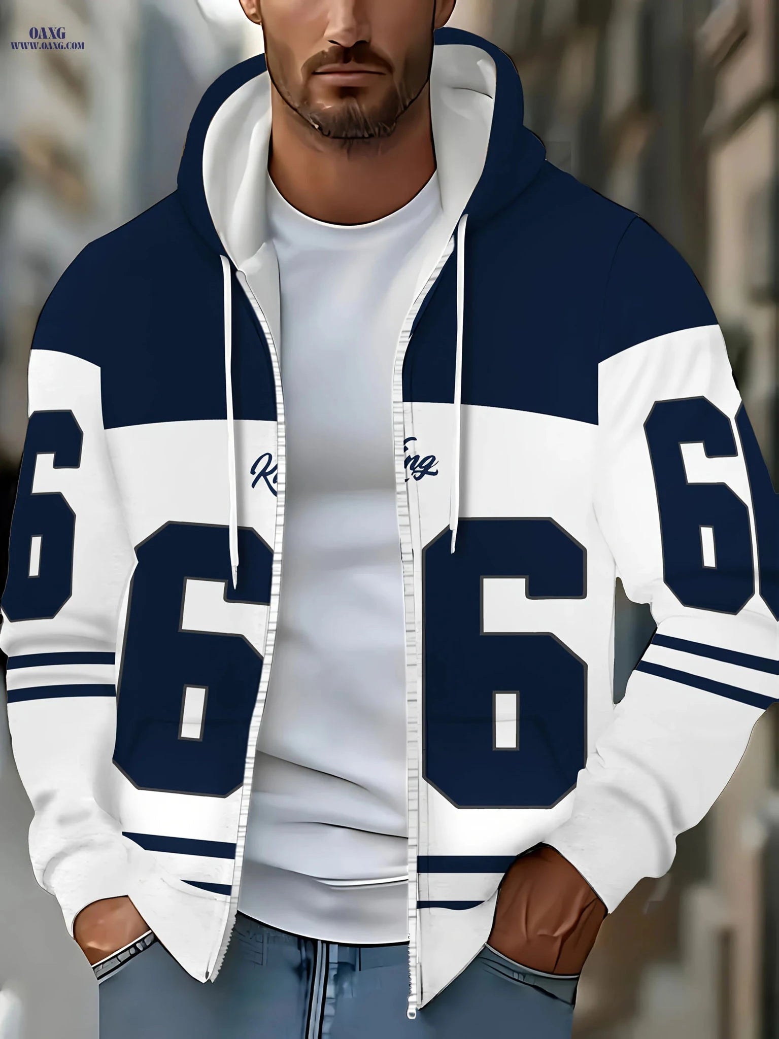 Men’s Zip-Up Hoodie - Casual Digital Pattern for Autumn & Winter   OAXG Navy Color / FR M