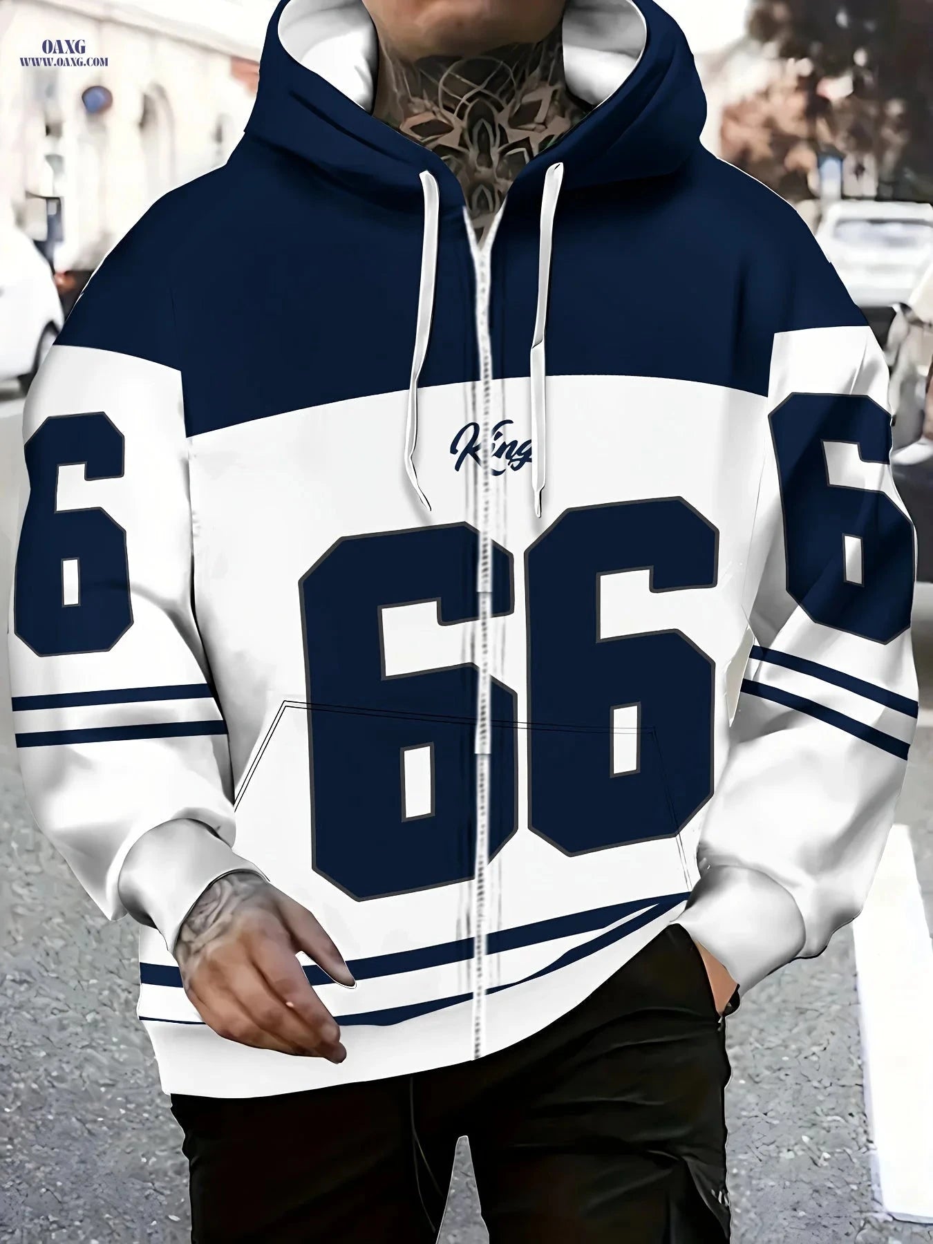 Men’s Zip-Up Hoodie - Casual Digital Pattern for Autumn & Winter   OAXG Navy Color / FR M