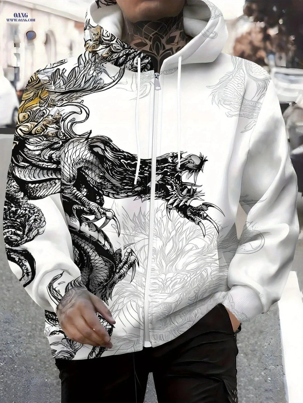 Men's Zip-Up Hoodie - Dragon Claws Print, Casual Loose Fit for Winter   OAXG 