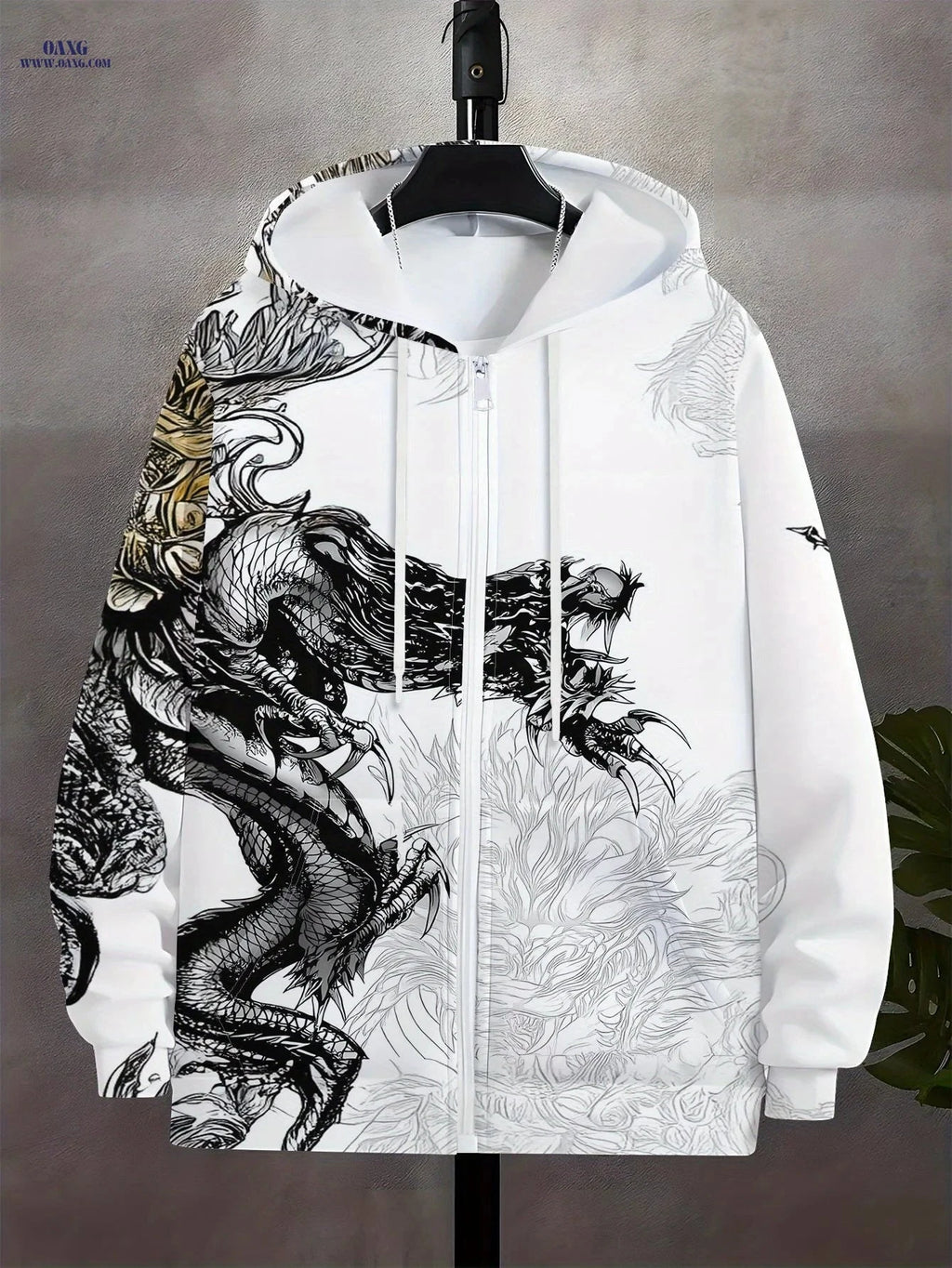 Men's Zip-Up Hoodie - Dragon Claws Print, Casual Loose Fit for Winter   OAXG 