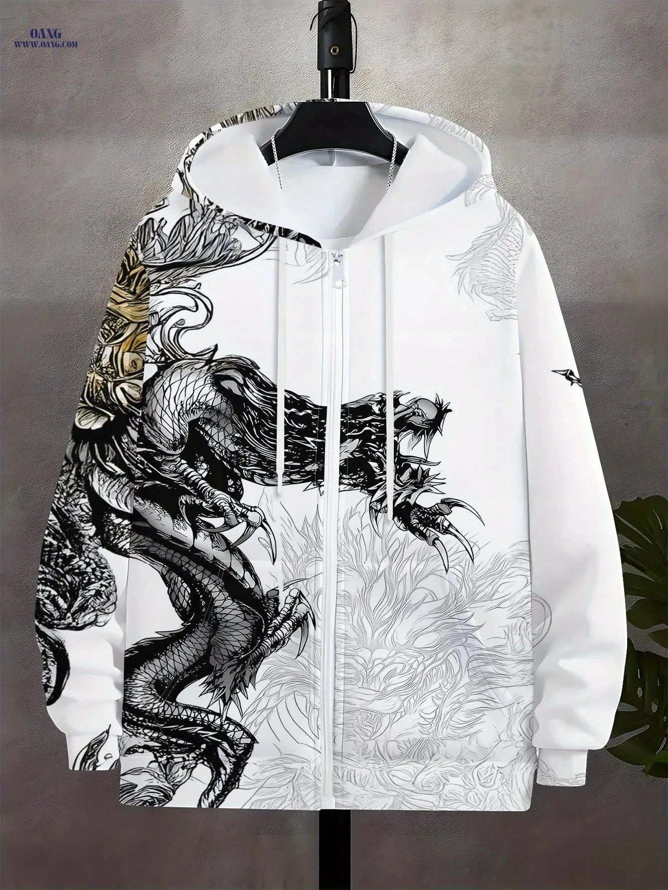 Men's Zip-Up Hoodie - Dragon Claws Print, Casual Loose Fit for Winter   OAXG 